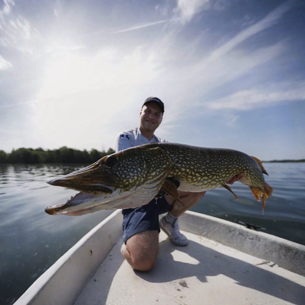 116cm langer Hecht gefangen vom Ruderboot. Ein Angler pr&auml;sentiert ihn an einem Sommertag w&auml;hrend die Sonne hoch am Horizont steht.