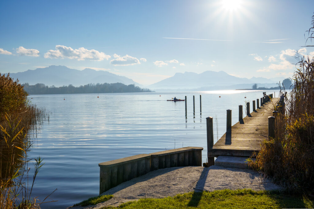 Wooden pier at Chiemsee, Bavaria, Germany in autumn