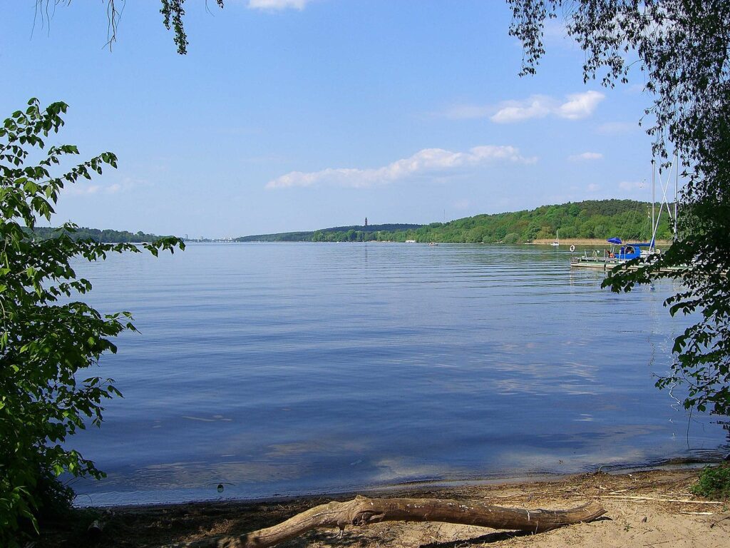 Ein Strand an einem See mit einem blauen Himmel darüber, wobei im Hintergrund grüne Bäume zu sehen sind.